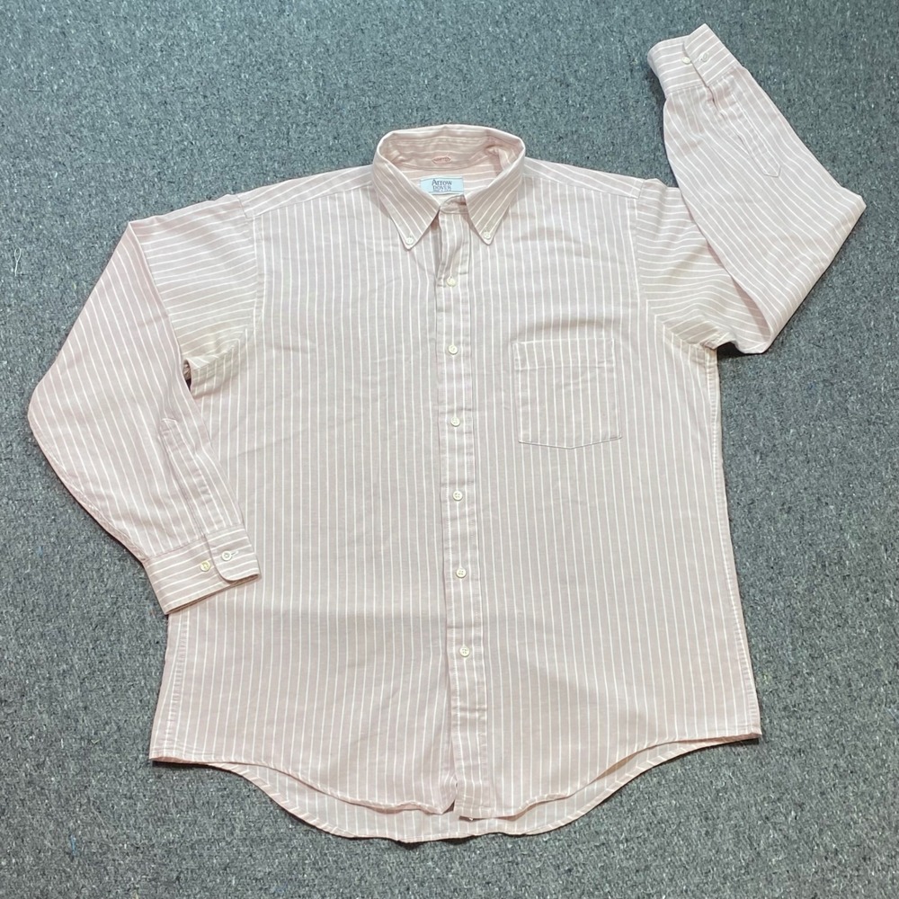 Arrow Dover Shirt Sz 15.5 Mens Pink Stripe Button Down Vintage USA Preppy Office